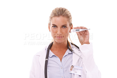 Buy stock photo Portrait, healthcare and thermometer with a doctor woman in studio on a white background for consulting. Hospital, medical and fever with a female medicine professional working alone in a clinic