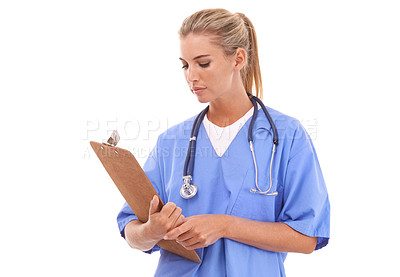 Buy stock photo Healthcare, doctor and woman with clipboard in studio with paper form for planning on white background. Nurse, chart and health expert reading medical documents for hospital or clinic while isolated