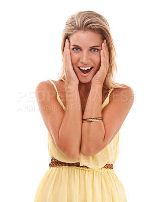 Buy stock photo Woman, excited and surprise portrait with a wow expression on white background for discount sale announcement. Face of a happy young female model in studio for a promotion, offer or advertising