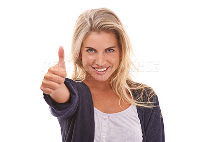 Buy stock photo Portrait, woman and thumbs up in studio for success, winning and thank you against white background. Face, grl and hand emoji for vote, deal and sale or good news, promote and agree while isolated