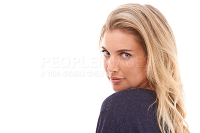 Buy stock photo Portrait, mockup and beauty with a woman in studio on a white background for marketing or advertising. Face, mock up and product placement with an attractive young female posing to promote a brand