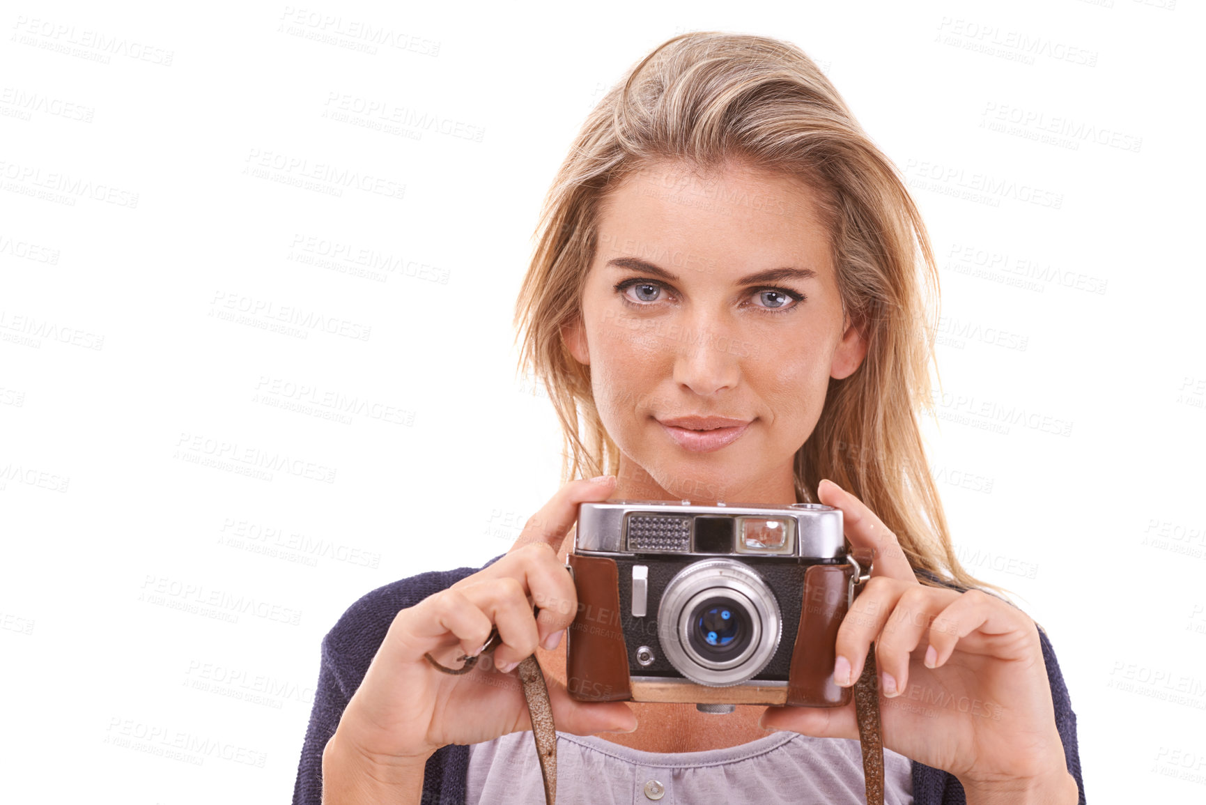 Buy stock photo Happy, portrait and woman with a vintage camera in studio for classic, retro and creative photoshoot. Photography, beauty and female photographer from Australia by white background with mockup space.