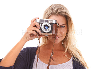 Buy stock photo Photographer, face portrait and woman with camera for vintage photo shooting, picture memory or lens photoshoot. Retro digital photography, paparazzi girl and studio model smile on white background