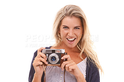 Buy stock photo Photographer, studio portrait and woman with camera for vintage photo shooting, picture memory or lens photoshoot. Photography, paparazzi and model with emoji facial expression on white background