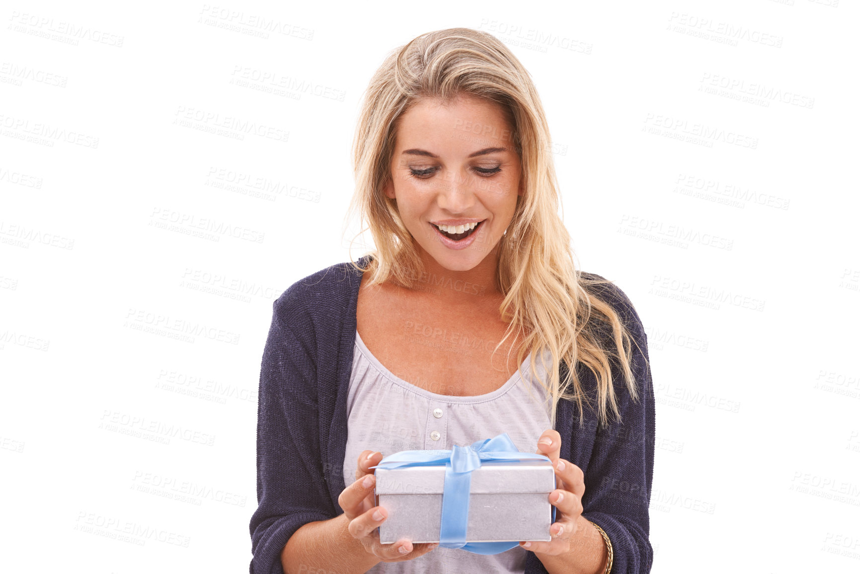 Buy stock photo Gift, present and box with a woman in studio on a white background during Christmas, a birthday or celebration event. Happy, smile and surprise with a young female holding a giftbox in wrapping paper