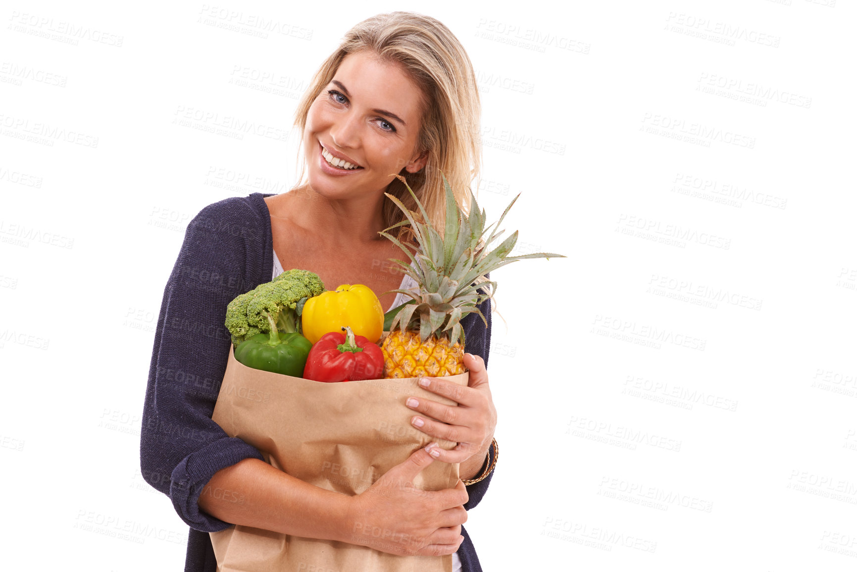 Buy stock photo Shopping, portrait or happy woman with vegetables, fruit or healthy food in studio on white background. Diet, smile or happy customer with fruits isolated on marketing or advertising mockup space