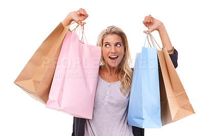 Buy stock photo Fashion, wow or woman with shopping bag, clothes or luxury products in studio on white background. Excited, retail or happy girl customer with designer brands on sale, discount or promotional offer