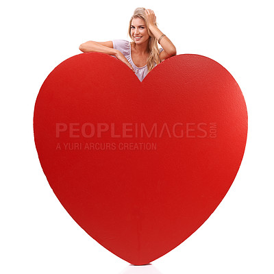 Buy stock photo Heart, love and studio portrait of woman with big red object, romantic product or emoji icon for Valentines Day holiday. Beauty, happy smile and relax model girl with care symbol on white background