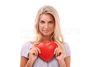 Buy stock photo Heart, love and portrait of woman with red object, romantic product or emoji icon for Valentines Day holiday. Beauty face, studio smile and headshot of happy model girl isolated on white background