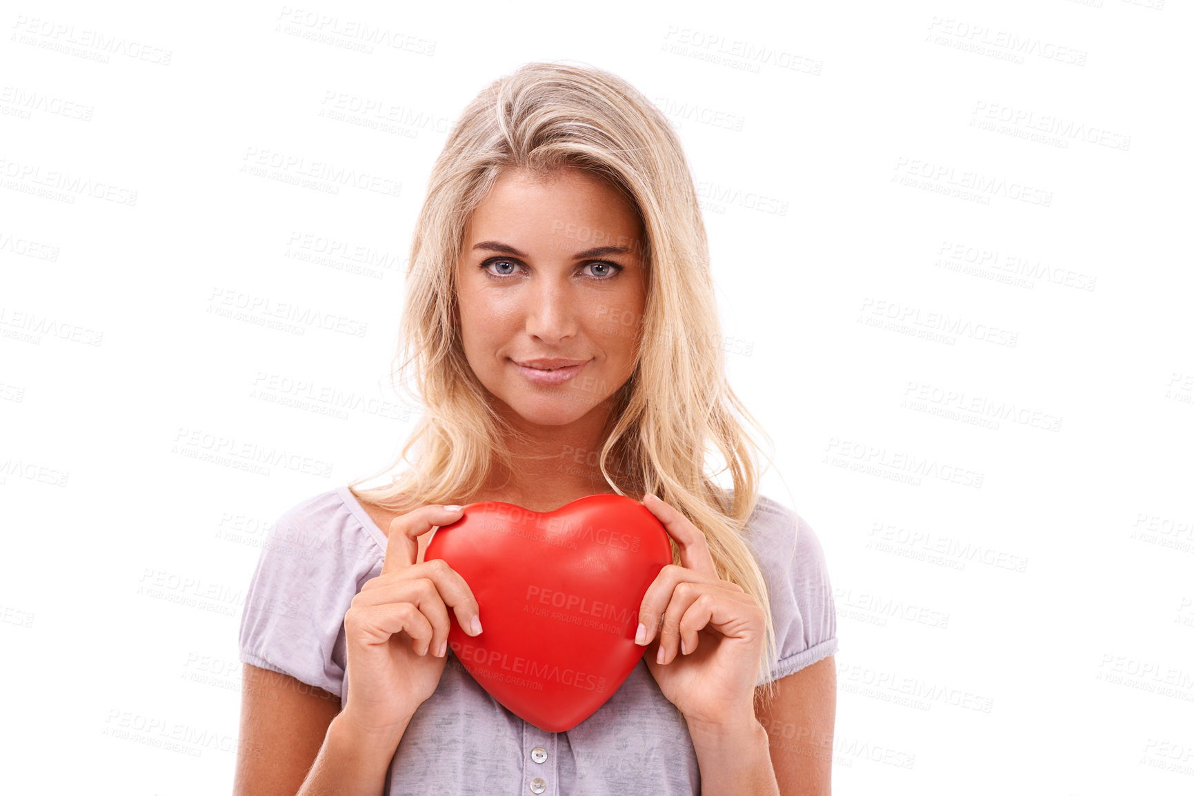 Buy stock photo Heart, love and portrait of woman with red object, romantic product or emoji icon for Valentines Day holiday. Beauty face, studio smile and headshot of happy model girl isolated on white background