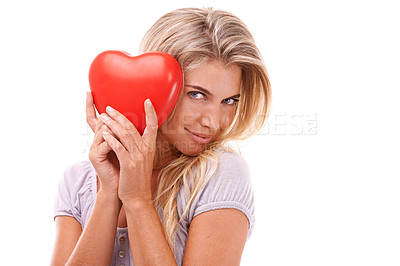 Buy stock photo Happy woman, heart emoji and love portrait on a white background for valentines day, motivation and happiness. Face of a young female model in studio with a red icon and smile for dating and support