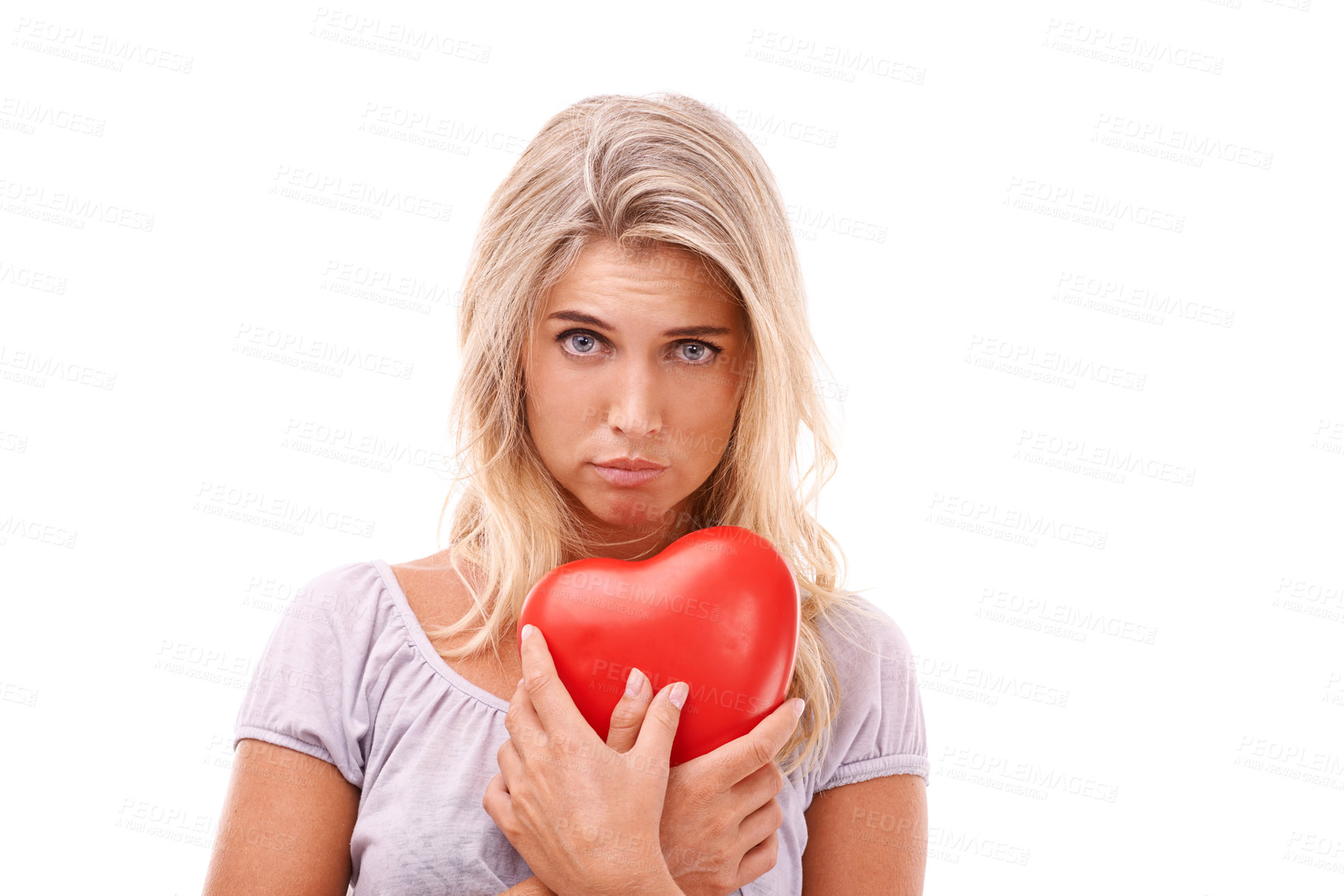 Buy stock photo Heart, love and portrait of sad woman with red object, romantic product or emoji icon for Valentines Day holiday. Broken heart, heartbreak and studio headshot of lonely model girl on white background