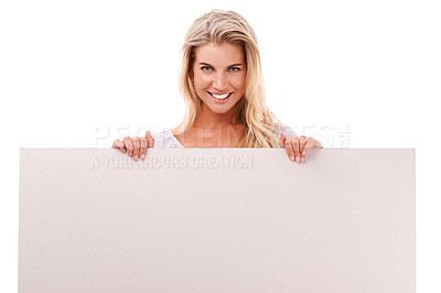 Buy stock photo Mockup, studio portrait and woman with poster, placard or billboard for marketing, advertising or product placement. Sign, banner space and sales model girl with promotion mock up on white background