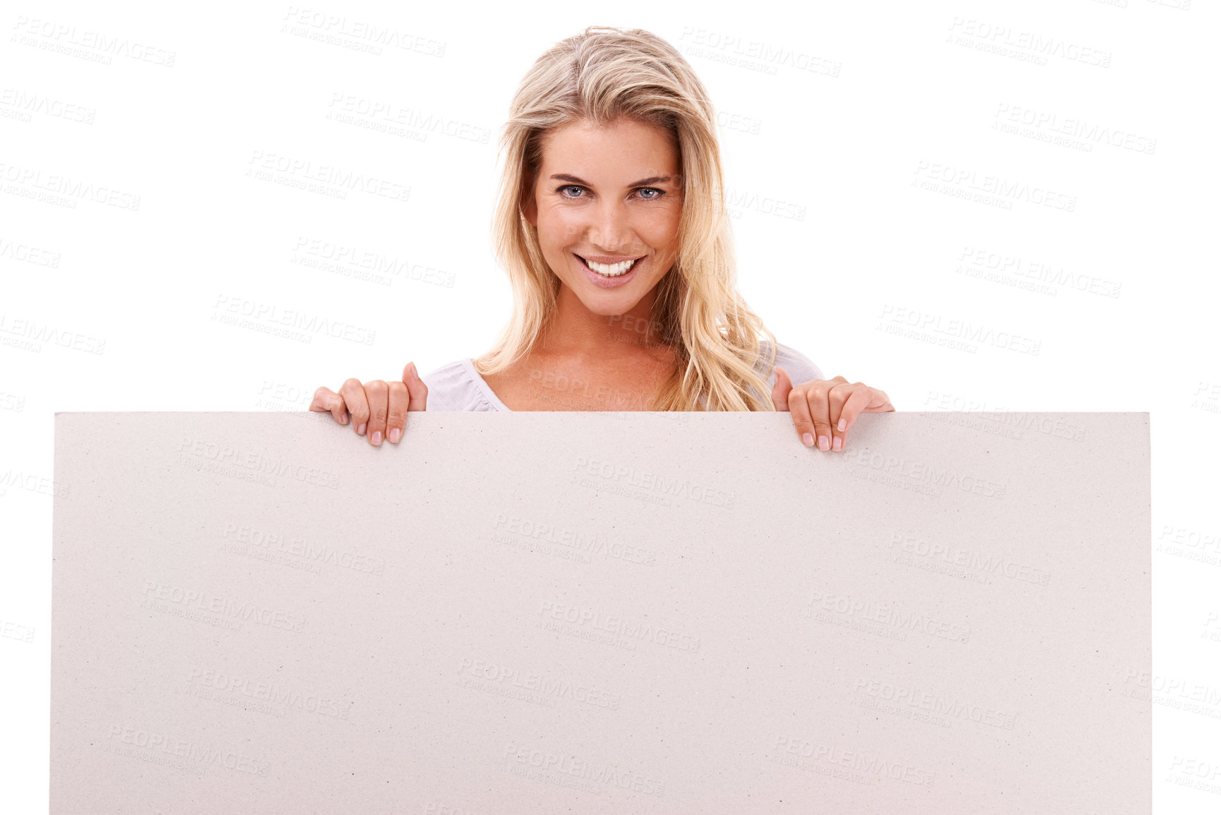 Buy stock photo Mockup, studio portrait and woman with poster, placard or billboard for marketing, advertising or product placement. Sign, banner space and sales model girl with promotion mock up on white background