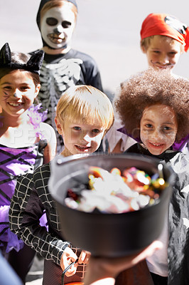 Buy stock photo Halloween, candy and children on porch of home for trick or treat tradition in neighborhood together. Smile, kids and group of friends collecting sweets for autumn holiday celebration from above