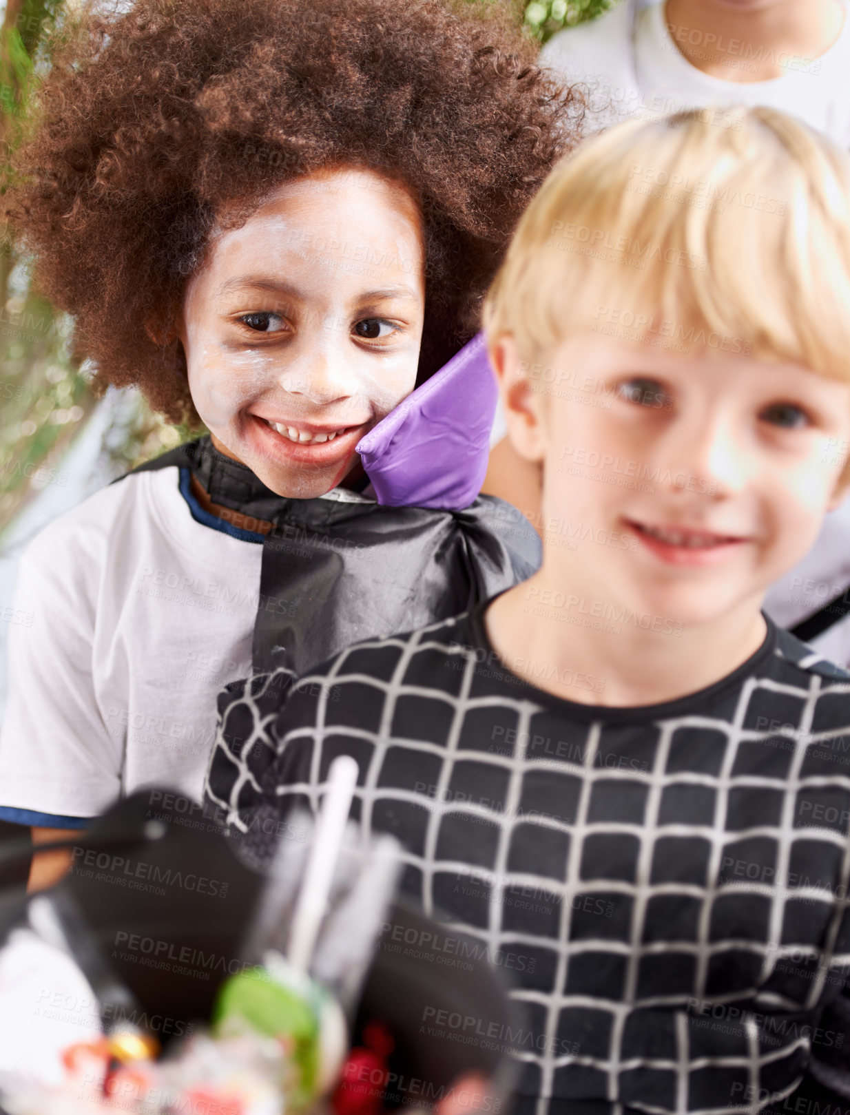 Buy stock photo Portrait of happy little children trick-or-treating on halloween