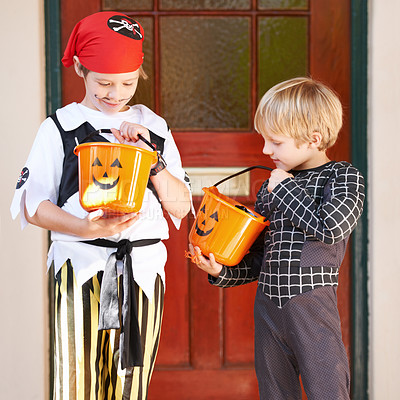 Buy stock photo Halloween, candy and door with children in costume on porch for trick or treat celebration together. Friends, food and sweets with young boy kids in fancy dress for spooky holiday or vacation