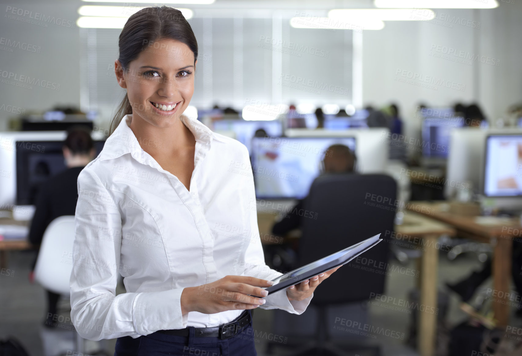 Buy stock photo Business woman, tablet and planning in workspace for social media, website and software management. Portrait or face of professional leader or manager with digital technology for workflow in office