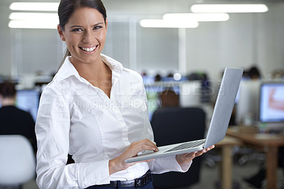 Buy stock photo Business woman, portrait and laptop in workspace for information technology, planning and software management. Professional leader or manager on computer for workflow and employees schedule in office