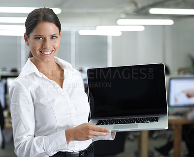 Buy stock photo Business woman, laptop screen and office presentation for website, information technology and registration. Portrait or face of professional worker on computer space or mockup for online programming