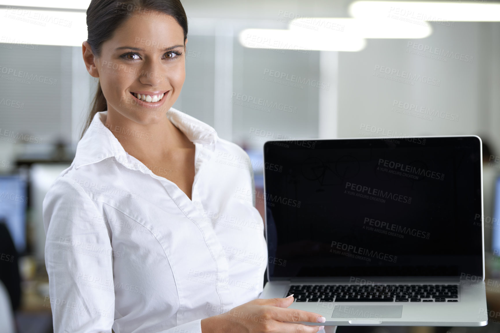 Buy stock photo Business woman, computer screen and office presentation for website, information technology and registration. Portrait or face of professional worker on laptop space or mockup for online programming