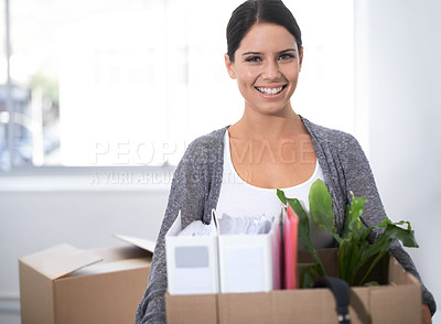 Buy stock photo Portrait, happy woman and moving to new office for creative startup company on first day at job. Face, box or business person in relocation, designer packing in cardboard and employee holding package