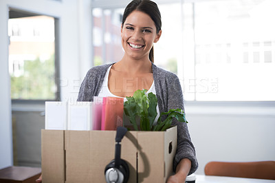 Buy stock photo Portrait, woman and moving to new office for creative startup company on first day at job. Face, box or happy business person in relocation, designer packing in cardboard and employee holding package