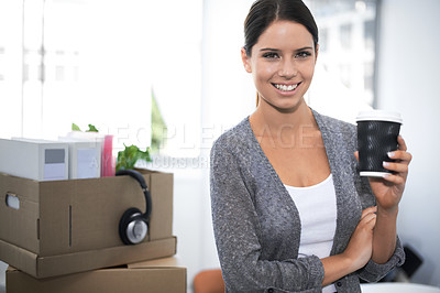 Buy stock photo Portrait, worker or happy woman with coffee, latte or espresso beverage in creative startup. Morning, pride or employee at new job to start moving into office drinking tea in cup with hot beverage