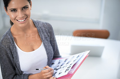 Buy stock photo Portrait, office and woman by contact sheet, happiness and creative professional in career in startup. Young designer, face and smile in job pride, editor and confident employee in photography agency