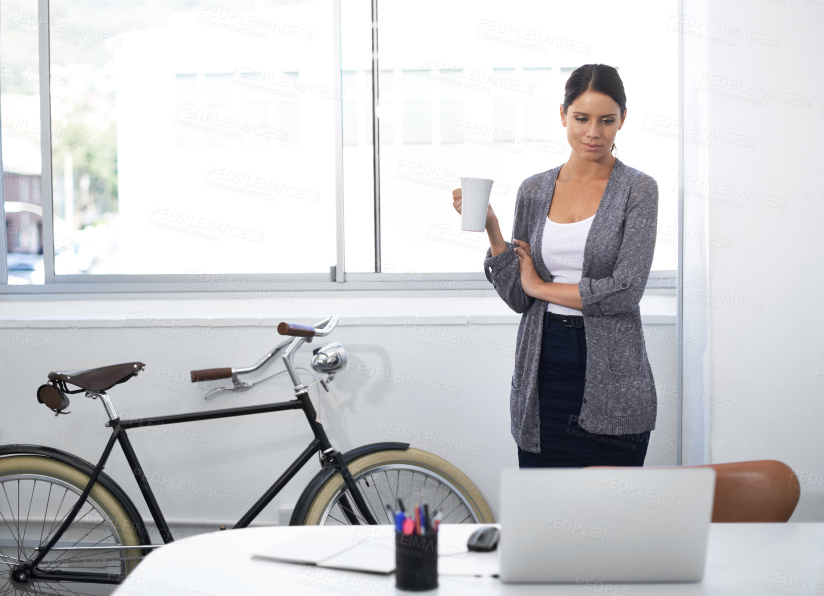Buy stock photo Entrepreneur, thinking or woman with coffee, latte or espresso beverage in creative startup. Morning, start or creative female employee drinking tea in cup or mug with hot beverage, vision or ideas