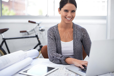 Buy stock photo Woman, architecture planning and laptop in office portrait for floor plan research, design software and startup project. Engineering worker or designer typing on computer with blueprint and documents