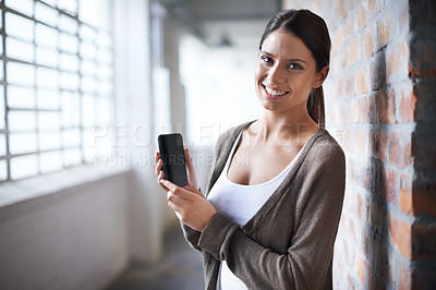 Buy stock photo Happiness, smartphone screen and portrait of woman with mobile for communication, networking or online website. Application, internet and person smile for phone, web search or cellphone electronics