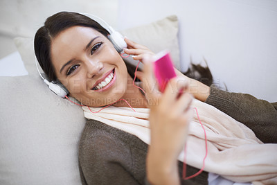 Buy stock photo Portrait of a happy woman, player or headphones for music, podcast or radio streaming in home. Break, relax or female person listening with audio player on sofa in lounge for sound, song or track