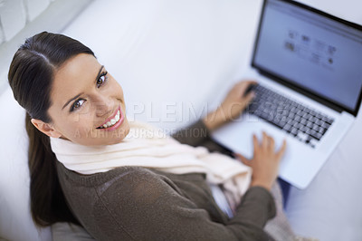Buy stock photo Research, portrait or happy woman with laptop for networking on social media app, screen or website. Internet, smile or top of worker with technology for news, online project or information in office