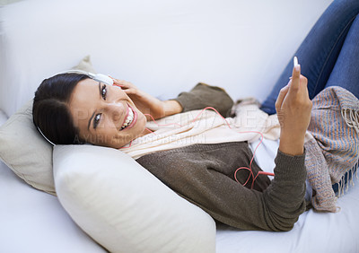 Buy stock photo Portrait of a happy woman, couch or headphones for music, podcast or radio streaming in home. Break, relax or female person listening with audio player on sofa in lounge for sound, song or track 