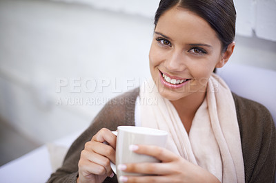 Buy stock photo Portrait, smile and woman drinking coffee in home, enjoying latte and hot espresso beverage in mug to relax on sofa in living room. Face, happy young person and tea cup in the morning at breakfast