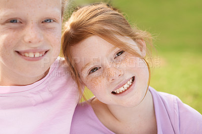 Buy stock photo Portrait, happy kids or girl siblings in nature for bond, hug and play together with smile or joy. Park, children and sisters on outdoor trip with care, love or friendship in a garden as a family