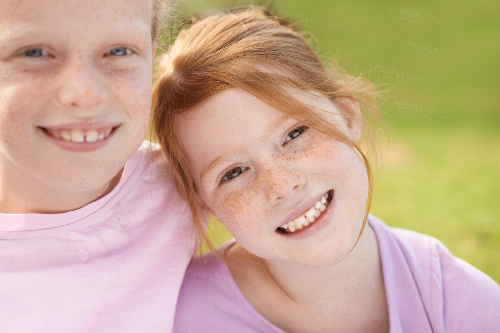 Buy stock photo Portrait, happy kids or girl siblings in nature for bond, hug and play together with smile or joy. Park, children and sisters on outdoor trip with care, love or friendship in a garden as a family