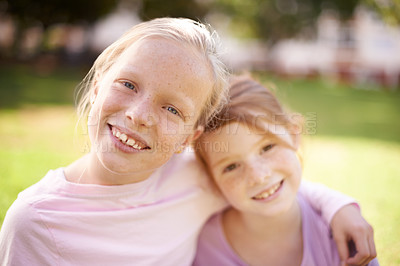 Buy stock photo Portrait, happy kids or girl siblings in park for bond, hug and play together with smile or joy. Nature, children and sisters on outdoor trip with care, love or friendship in a garden as a family