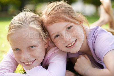 Buy stock photo Portrait, happy kids or sisters relax in nature for bond, holiday and play together with support or hug. Park, children or girl siblings on outdoor grass with care, love or friendship in a garden