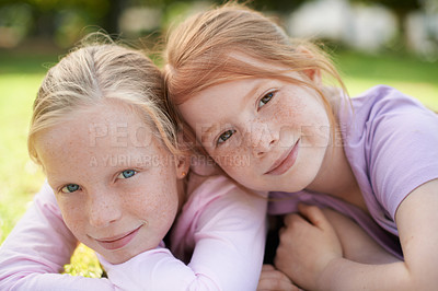 Buy stock photo Portrait, happy kids or sisters relax in park for bond, holiday and play together with support or hug. Nature, children or girl siblings on outdoor grass with care, love or friendship in a garden