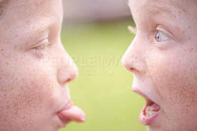 Buy stock photo Tongue out, happy kids or sisters in nature playing for bond on holiday together with surprise or joy. Park, games or faces of children siblings in field with shock, teasing or friendship in a garden