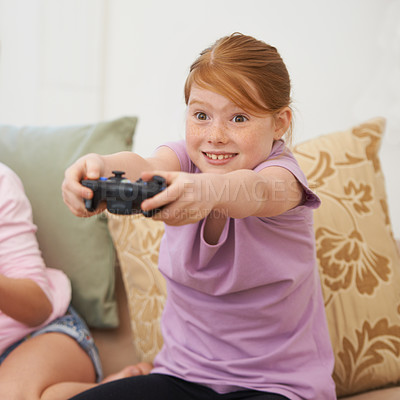 Buy stock photo Girl, child and video game with technology and controller, excited in living room and playing with digital world. Online gaming, streaming and esports with gamer at home, fun and happy with internet