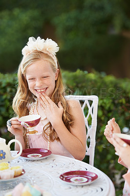 Buy stock photo Kids, tea party and girl laughing in a garden for playing, fun and fantasy with friends. Children, funny and kid in a backyard with elegant, fancy or creative celebration, games or birthday theme