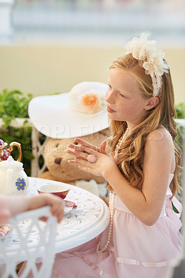 Buy stock photo Kids, tea party and girl in a garden for playing, fun and fantasy with toys, teddy bear or friends. Children, chat and elegant, fancy or creative celebration, games or birthday theme in a backyard