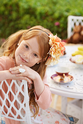 Buy stock photo Girl, child and tea party with happiness in garden with portrait for birthday, celebration and playing outdoor. Person, kid and face in backyard of house with dress up, beverage and role play fun