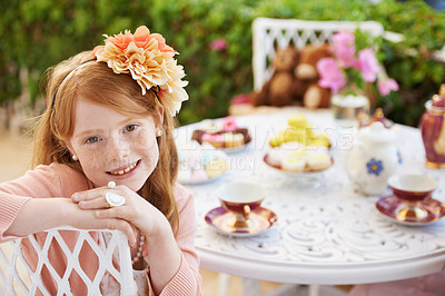 Buy stock photo Girl, child and portrait with happiness at tea party in garden for birthday, celebration and playing outdoor in home. Person, kid and face in backyard of house with dress up, flower and role play fun