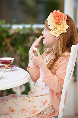 Buy stock photo Girl, child and tea party or dress up outdoor for fun fantasy game, play or make believe. Female person, flower crown and happy in nature backyard for fancy beverage drinking in garden, joy or summer