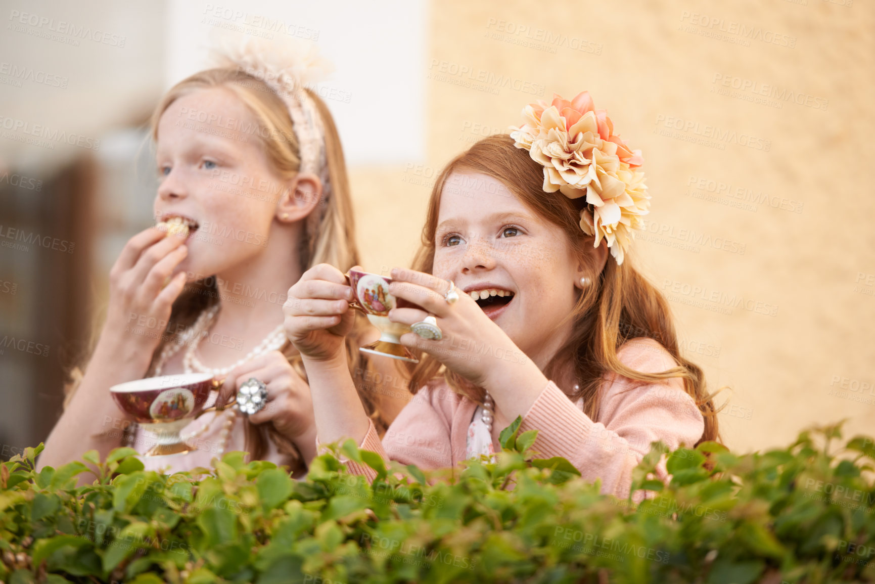 Buy stock photo Girl, friends and tea party in backyard for happy dress up game, fantasy or playing. Female people, siblings and hot drink in garden nature for summer bonding fun or kid lunch, birthday or beverage