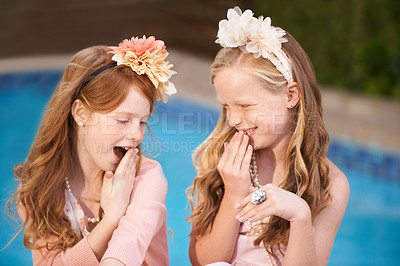 Buy stock photo Children, girl and friends in a backyard with gossip, conversation or sharing secret in costume. Kids, childhood and people in yard for fun, bonding or playing, party or birthday theme while bonding